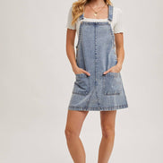 DENIM OVERALL MINI DRESS WITH POCKETS: MED.WASH / M
