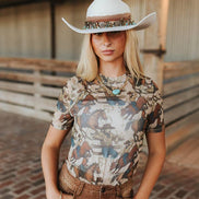 Brown Vintage Cowboy Rodeo Print Mesh Short Sleeve Top