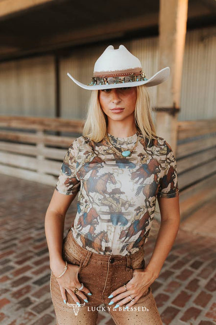 Brown Vintage Cowboy Rodeo Print Mesh Short Sleeve Top