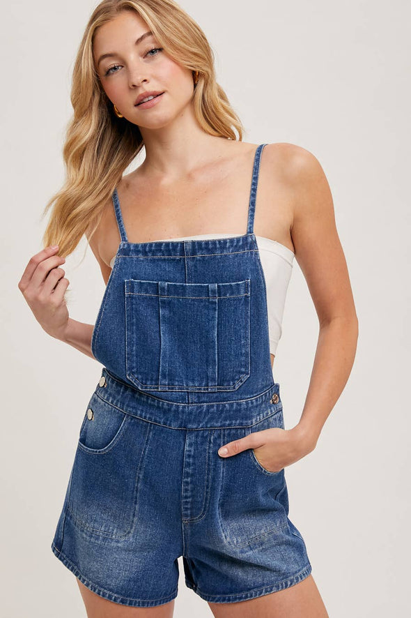 BOW-TIE DENIM OVERALL SHORTS: MED.WASH / S