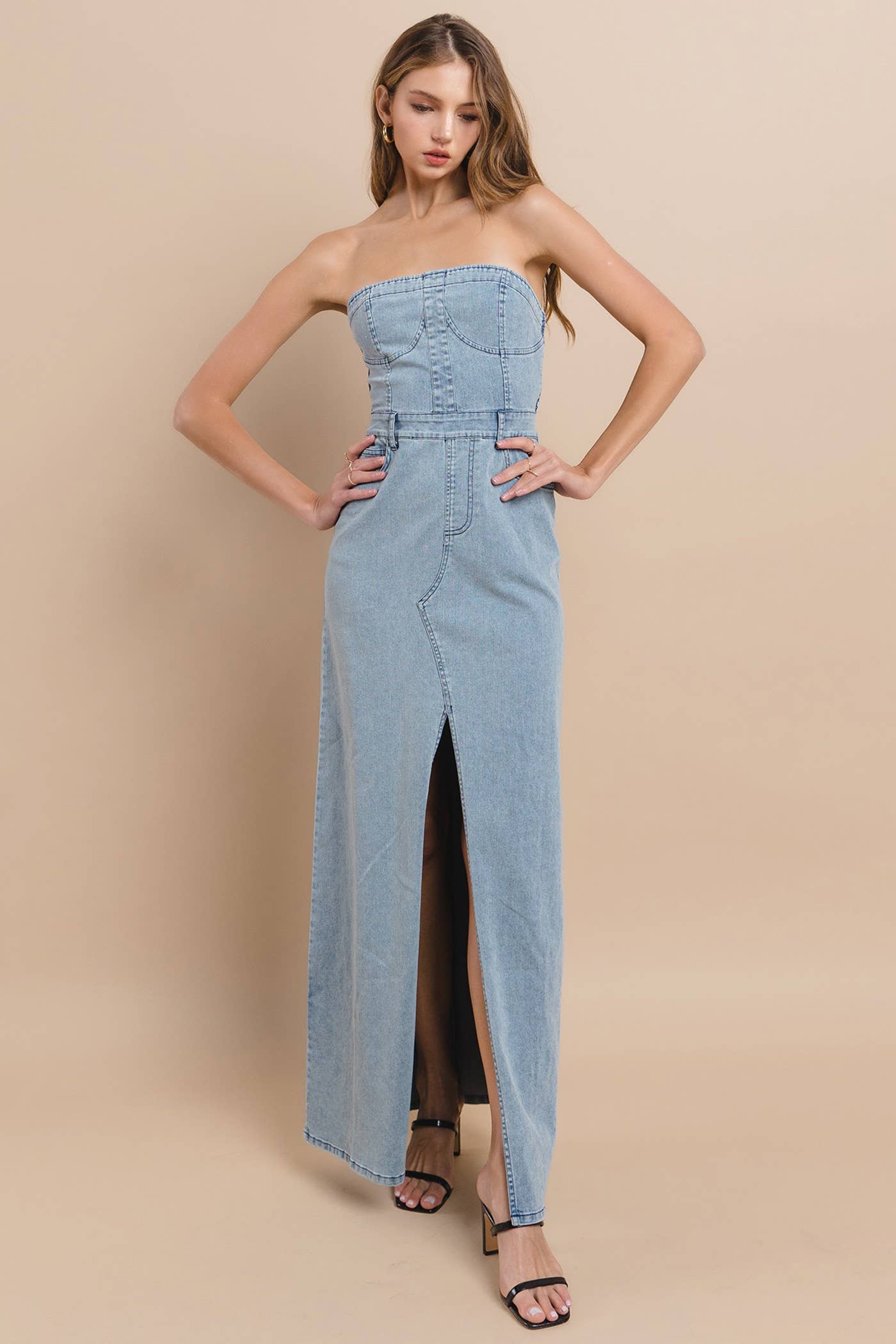STRAPLESS DENIM MAXI DRESS 3135DIA DARK DEN