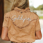 Camel Stretch Denim Pearl Cowgirl and Bow Embroidered Shirt