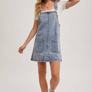 DENIM OVERALL MINI DRESS WITH POCKETS: MED.WASH / L